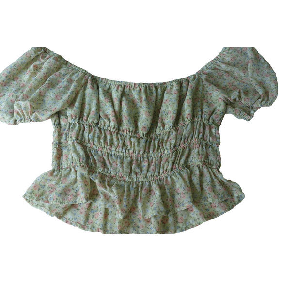 Forever 21 Women’s M Floral Peasant Top Cinched Cap Sleeve Milkmaid Cropped - Picture 6 of 7